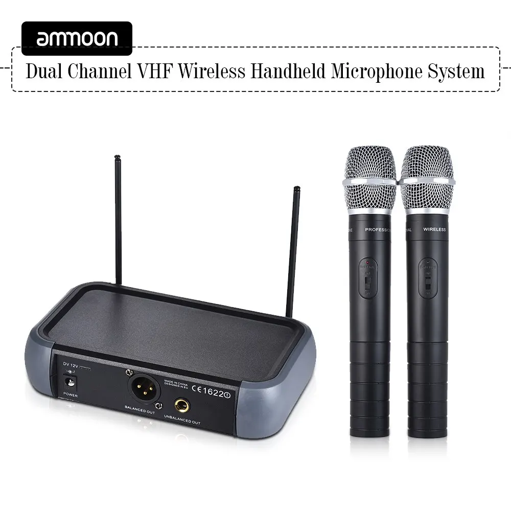 Ammoon двухканальный VHF беспроводной ручной микрофон система с функция эха 2 микрофона и 1 приемник 6,35 мм аудио кабель