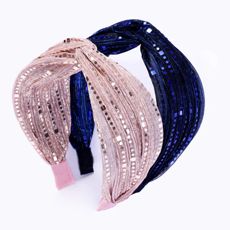 

Fashion Korean Shinning Sequins Lace Headband Wide Twist Hairband for Girls Hair Accessories Wholesale Women Headband