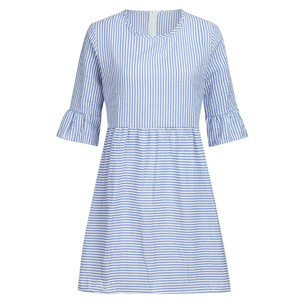Blue Dress Платье женское в полоску элегантное с расклешенными рукавами летнее платье повседневные свободные вечерние платья размера плюс vestidos Femme 19Apr29 - Цвет: Blue Dress