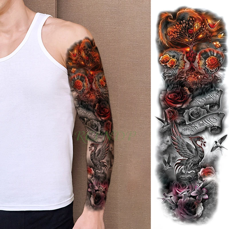 

Waterproof Temporary Tattoo Sticker flaming Phenix fire full arm large size fake tatto flash tatoo sleeve tato for men women