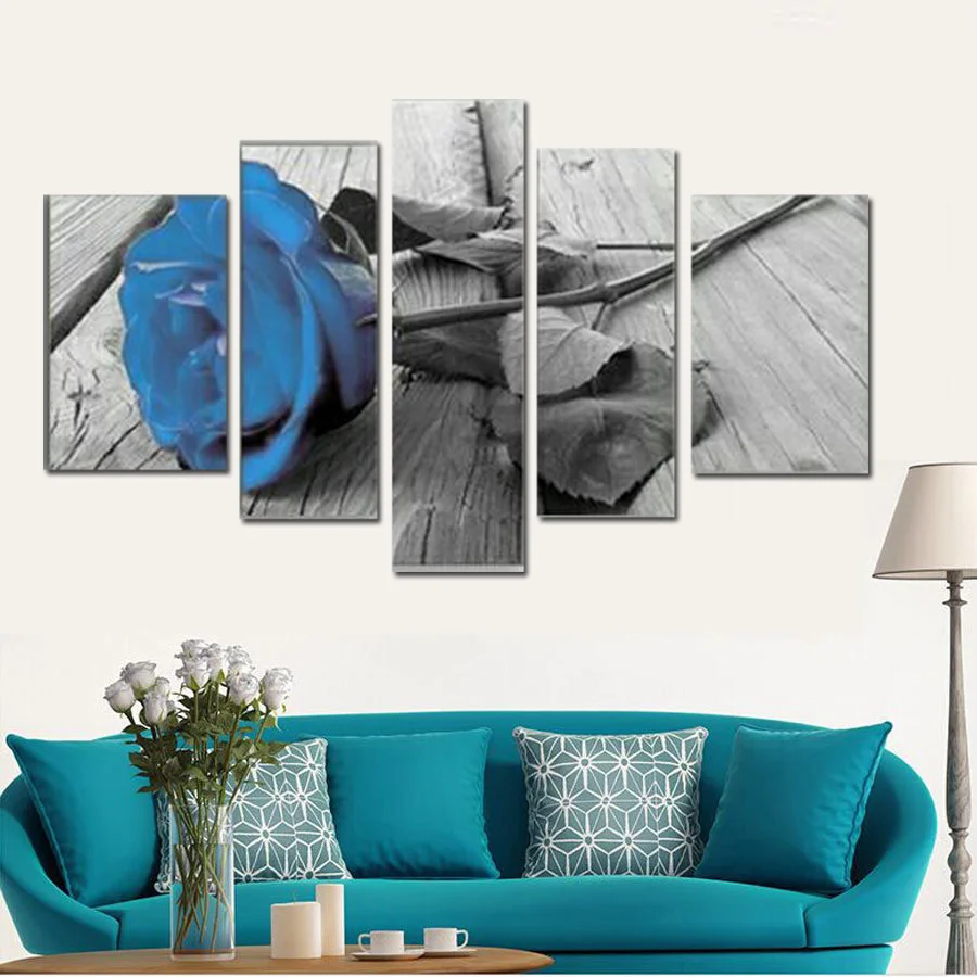 

Hand Painted 5 Pieces Modern Wall Art Canvas Oil Painting Decorative Red and Blue Rose Flower Picture Painting for Home Decor