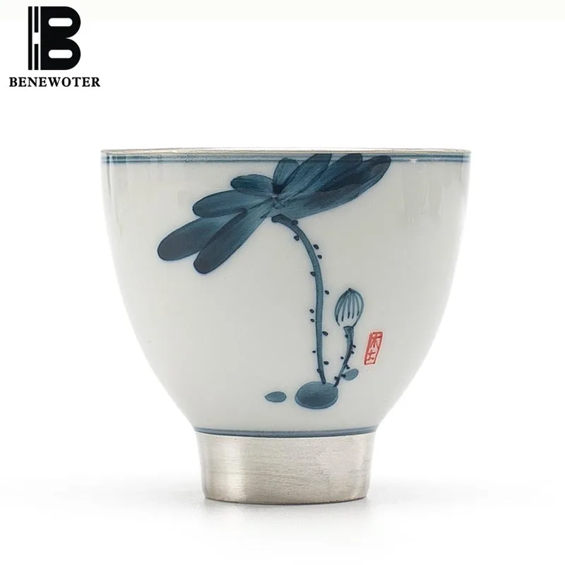 

Керамика и фарфор ручной работы 90 мл, серебряная чайная чашка с рисунком синего лотоса, чайный набор кунг-фу чайный набор для вина, черного ч...