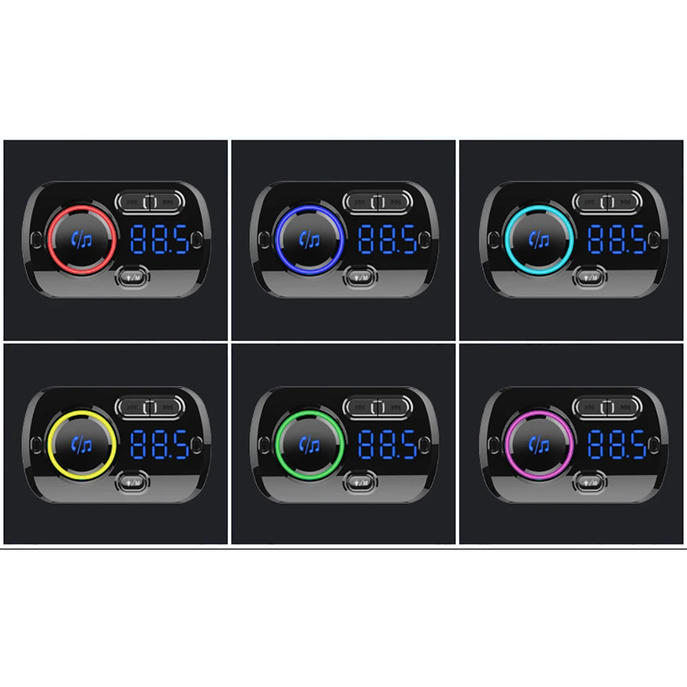 Rainbow Colors Bluetooth Hands-free Calling Car Kit FM Radio MP3 Music Player USB Car Charger Support 2 Phone Connection TF Card