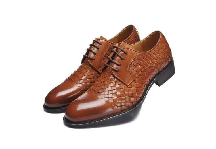 

Lace-Up Pointed toes Oxforda Genuine Leather Men's Dress Shoe Handmade Knitting diamond-type lattice Patchwork Male Casual Shoes