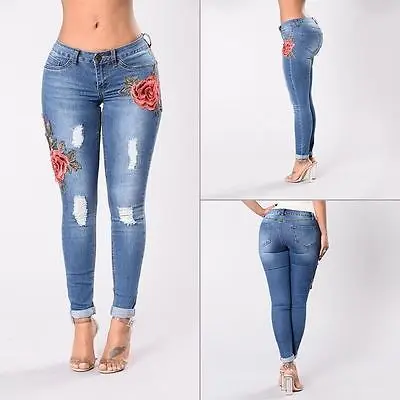 Женские узкие джинсы с цветочной вышивкой рваные высокой талией Стрейчевые