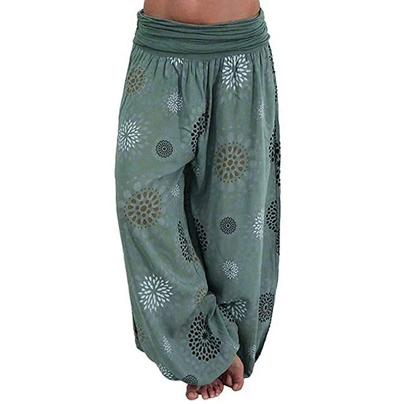 green NIBESSER Summer Beach Bohemian Pants Women High Waist Pants Plus Size Vintage Loose Print Bloomers Floral Trousers Women - Цвет: green