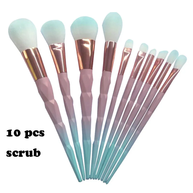 10 pcs scrub 7/10 шт. с ручкой «Рог единорога» кисти для макияжа Профессиональные кисти для макияжа волокна кисти набор инструментов для макияжа бровей подводка для глаз Кисть Для Пудры - Handle Color: 10 pcs scrub