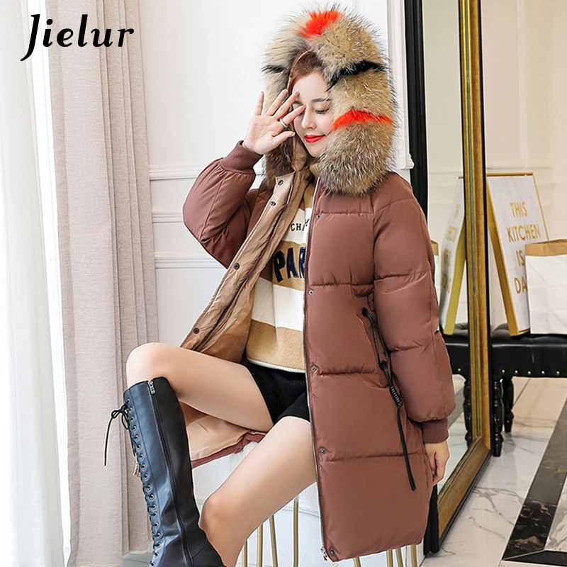 Jielur Мех животных с капюшоном S-XXL Дамы Корейский длинное зимнее пальто для женщин