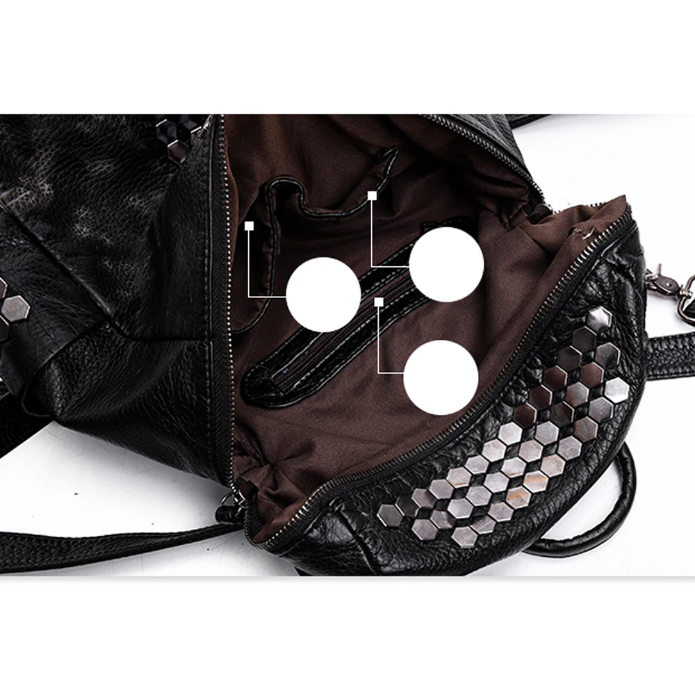 Кожаный женский рюкзак с заклепками черный из мягкой потертой кожи школьные