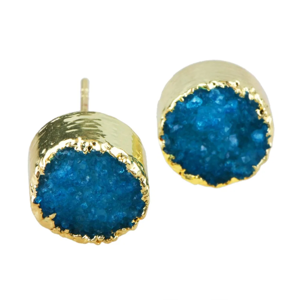 

TUMBEELLUWA Blue Titanium Natural Quartz Druzy Crystal Stud Earrings for Women