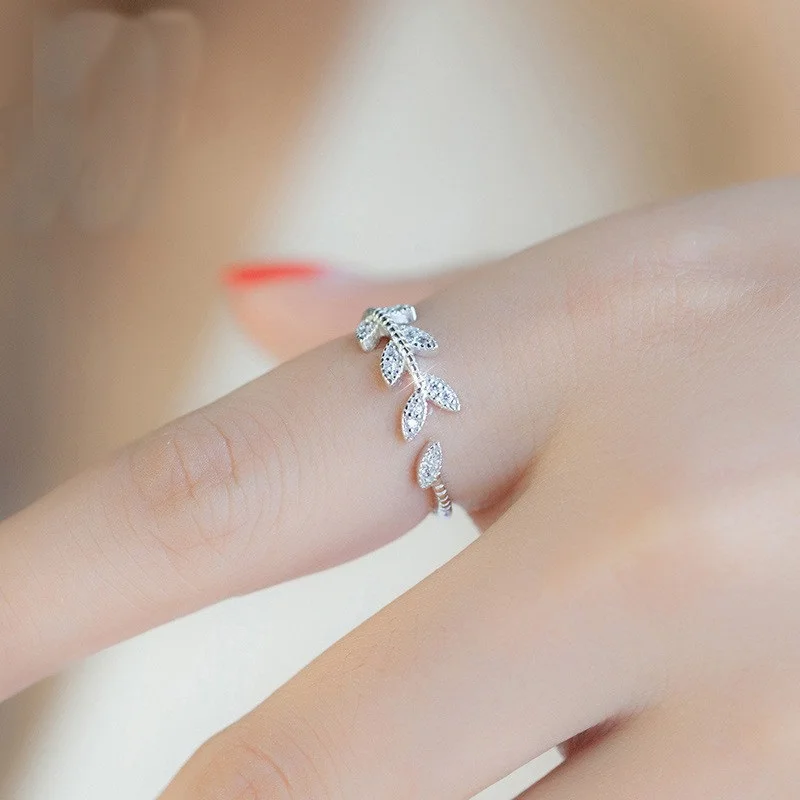 

OMHXZJ Wholesale European Fashion Woman Girl Party Wedding Gift White Leaves AAA Zircon Open 925 Sterling Silver Ring RR278