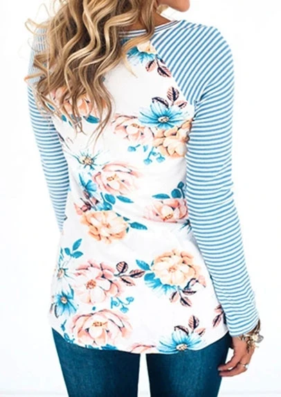 Плюс Размер 2019 Осень Женщины Полосатая Цветочная Футболка Повседневная Женский