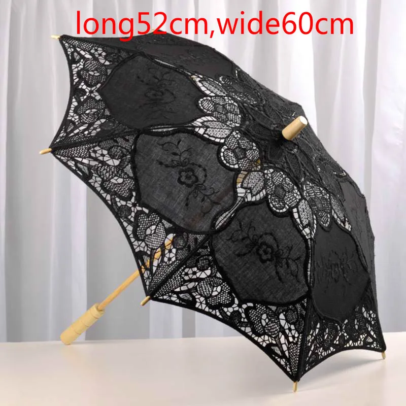 black diameter 60cm Женский свадебный зонтик с вышивкой, однотонный белый цвет, романтический реквизит для фото с деревянной ручкой, 8 ребер - Цвет: black diameter 60cm