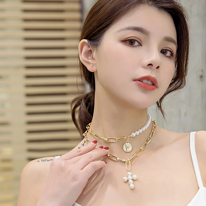 2019 new retro pearl cross necklace chain queen coin pendant personality short | Украшения и аксессуары