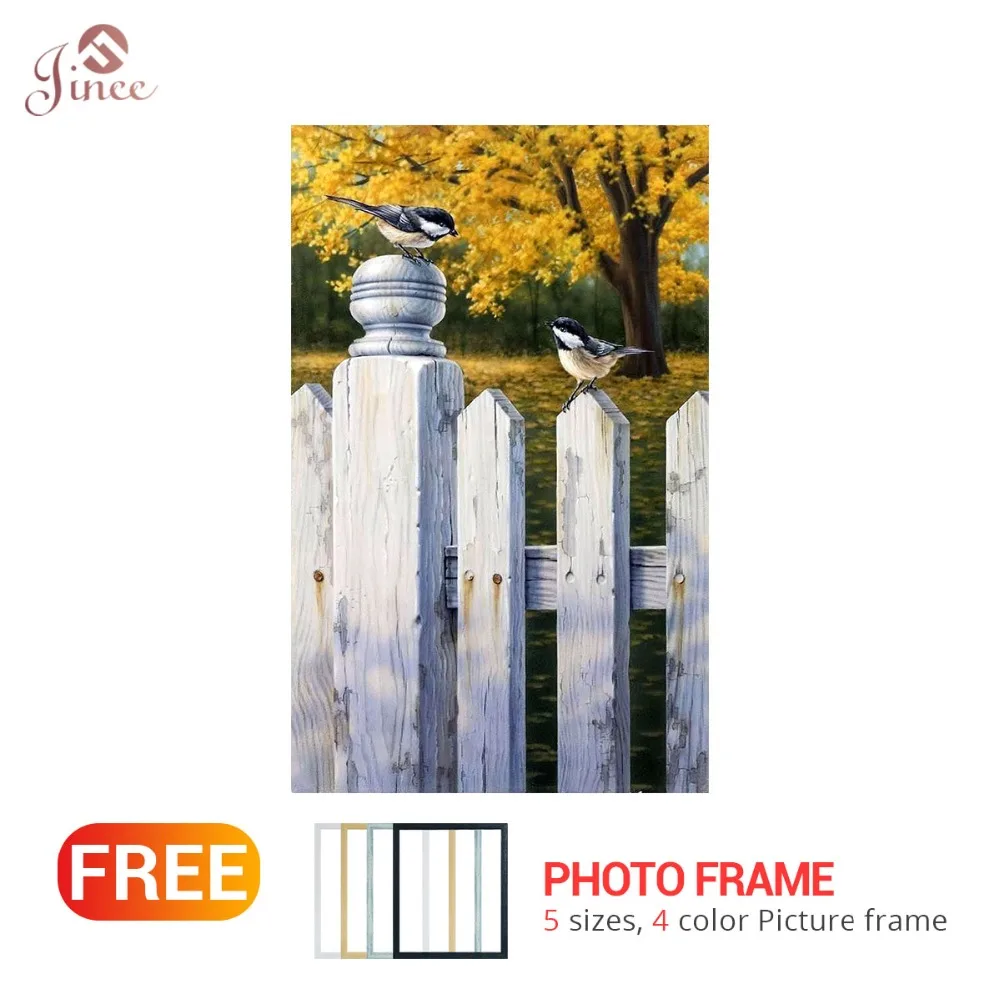 

5D DIY Diamond Painting Fence Bird Scenery Diamond Embroidery Full Drill Cross Stitch Needlework Home Decor Gift with Frame