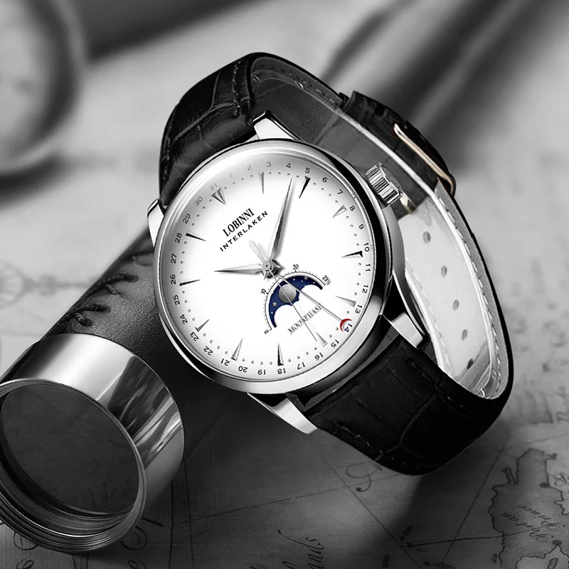 Switzerland LOBINNI мужские часы люксовый бренд Moon Phase Seagull автоматические