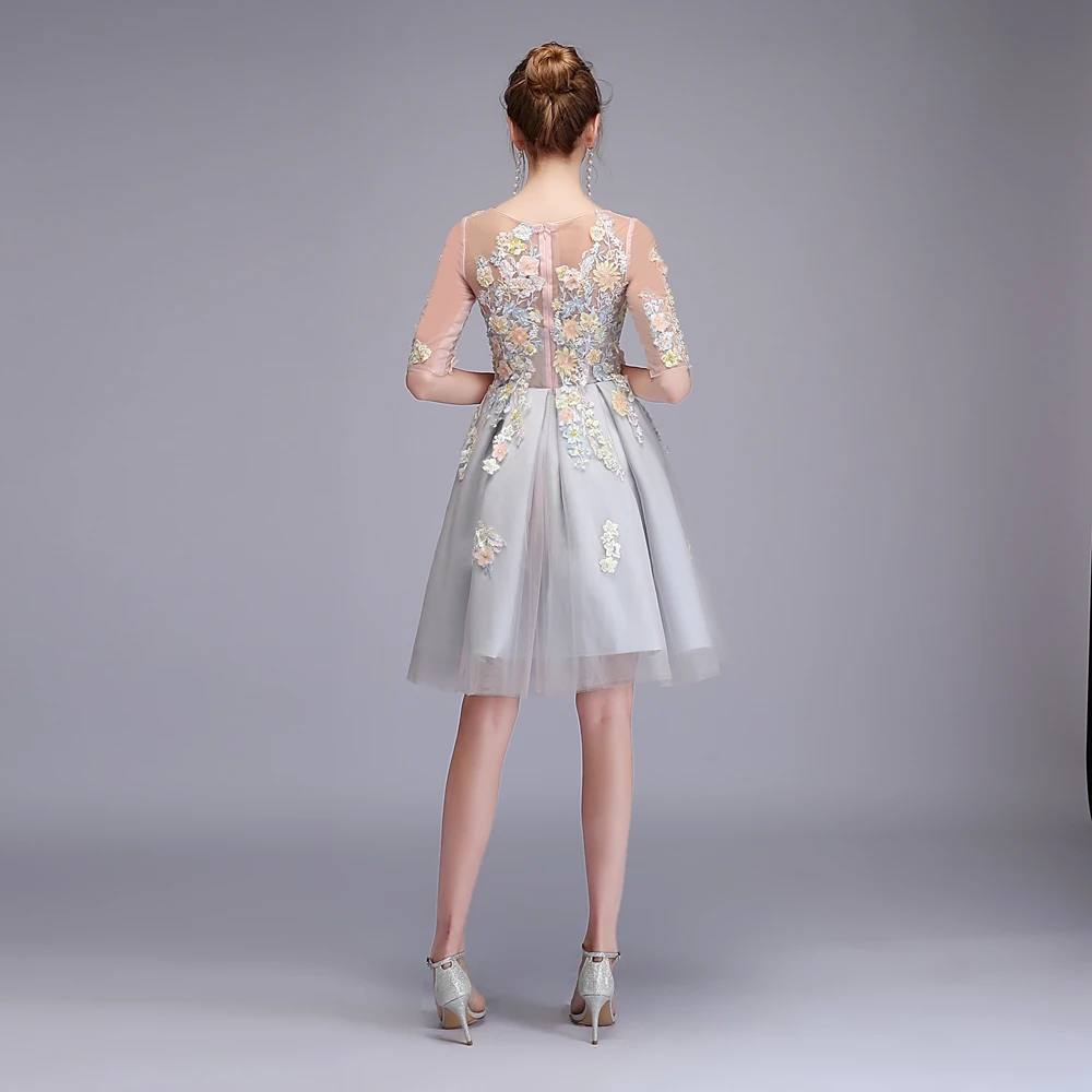 SSYFashion/Новое милое коктейльное платье серого цвета с коротким рукавом, длиной до колен, кружевной аппликацией, бисером, праздничное платье на заказ, торжественное платье