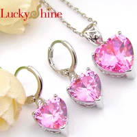 luckyshine fashionable heart shape pink crystal zircon 925 silver pendants necklaces drop earrings jewelry sets for gift