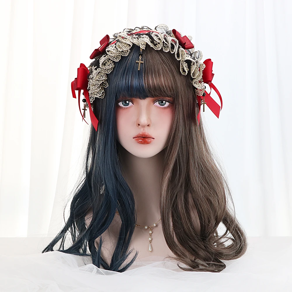 

20"Long Wave Cosplay Lolita Wig With Bangs Brown Blue Ombre Synthetic Hair Japan Harajuku Cosplay Wigs For Women Heat Resistant