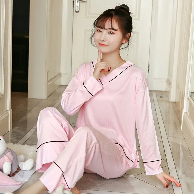 

2019 Spring Autumn 100% cotton V-neck Pajamas Sets for Women Long Sleeve Pyjama Girls Sleepwear Loungewear Homewear Pijama Mujer