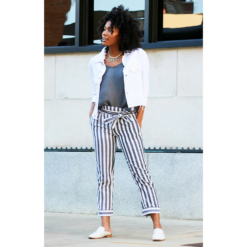 Синие полосатые узкие брюки женские карманные OL Стиль рабочие 2018 весна Высокая