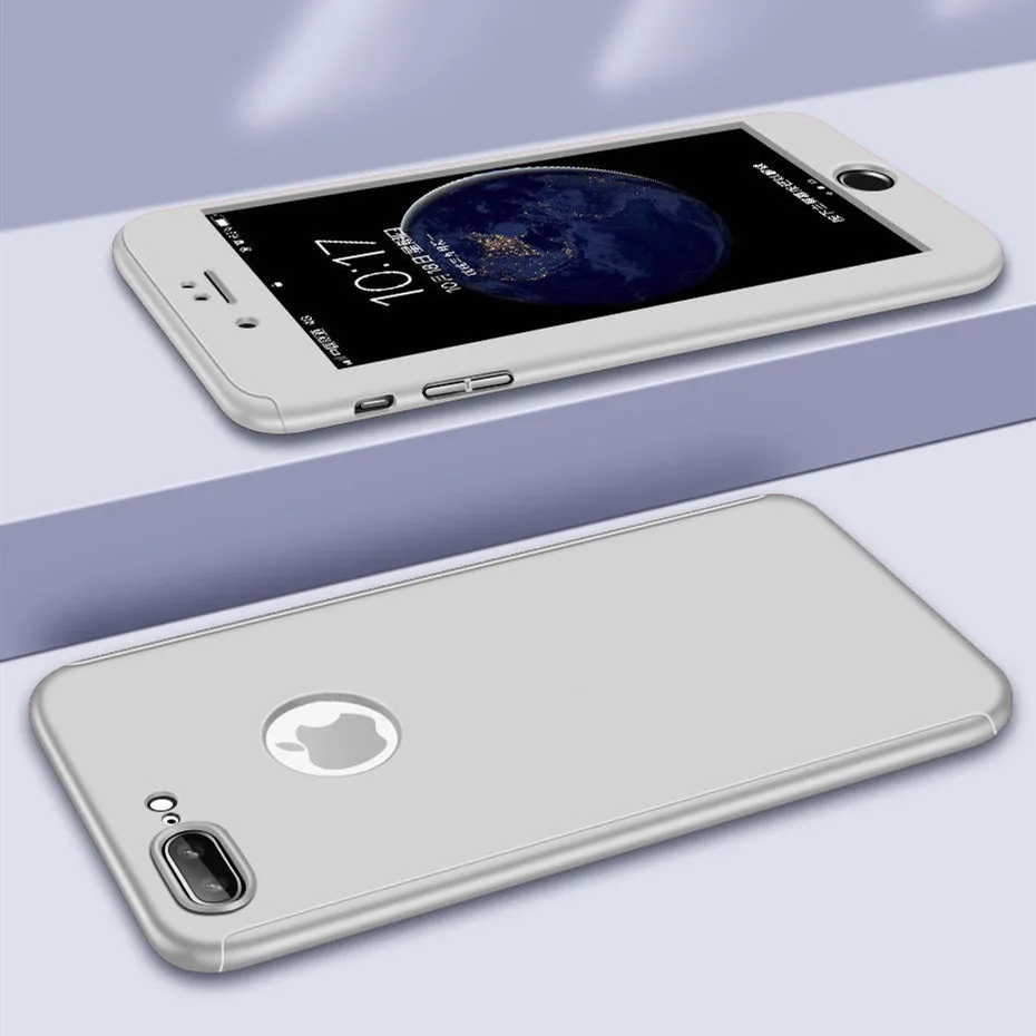 Серебристый 360 градусов полный защитный чехол для iphone X 5 5S SE чехол для iphone XR 11 Pro XS Max 6 6S Plus 7 8 Plus Жесткий PC чехол со стеклом - Цвет: Серебристый