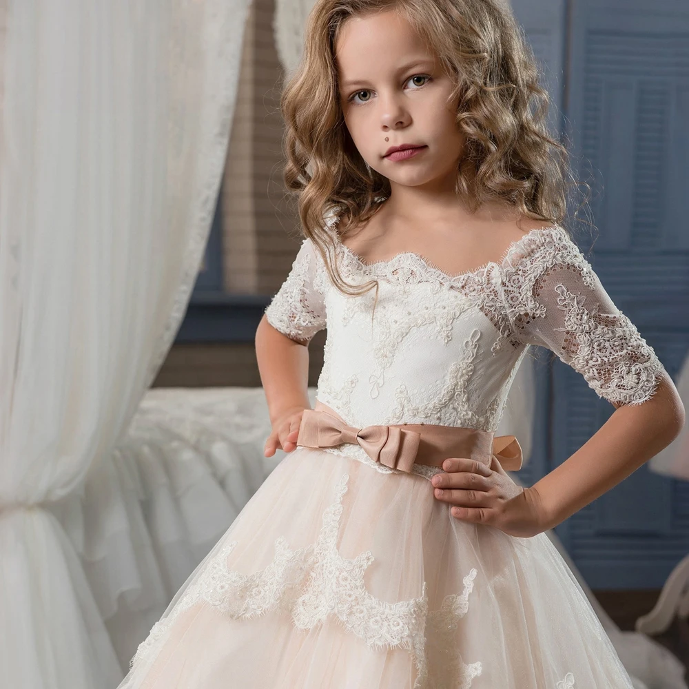 Holy Communion Dress with Lace Half Sleeves Sash Champagne Tulle Ball Gown 2017 for Girls Custom Made | Свадьбы и торжества