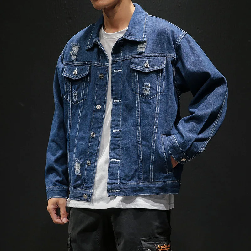 Мужская джинсовая куртка оверсайз M 5X однотонная повседневная тонкая с дырками