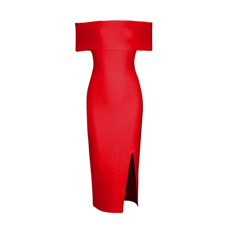Red INDRESSME Бандажное платье с открытыми плечами и разрезом модное для женщин Платья для вечеринок - Цвет: Red
