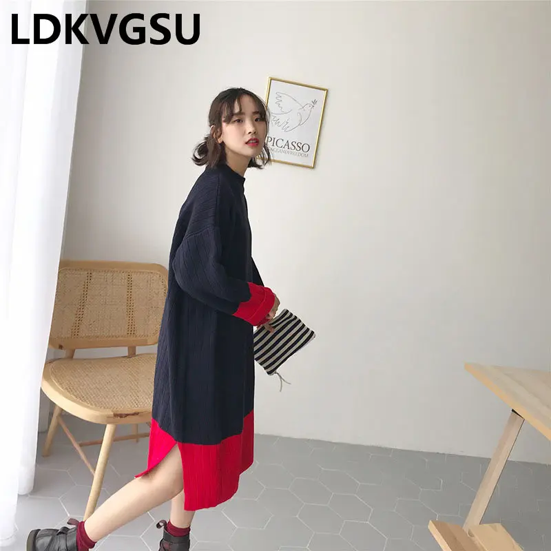 Женское трикотажное платье-свитер составного кроя Длинное свободное платье с