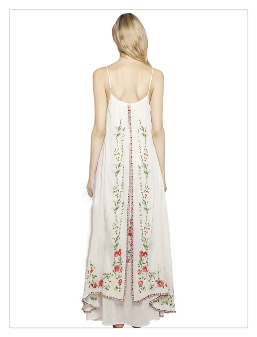 Boho цветочной вышивкой длинное платье регулируемые бретельки летние платья