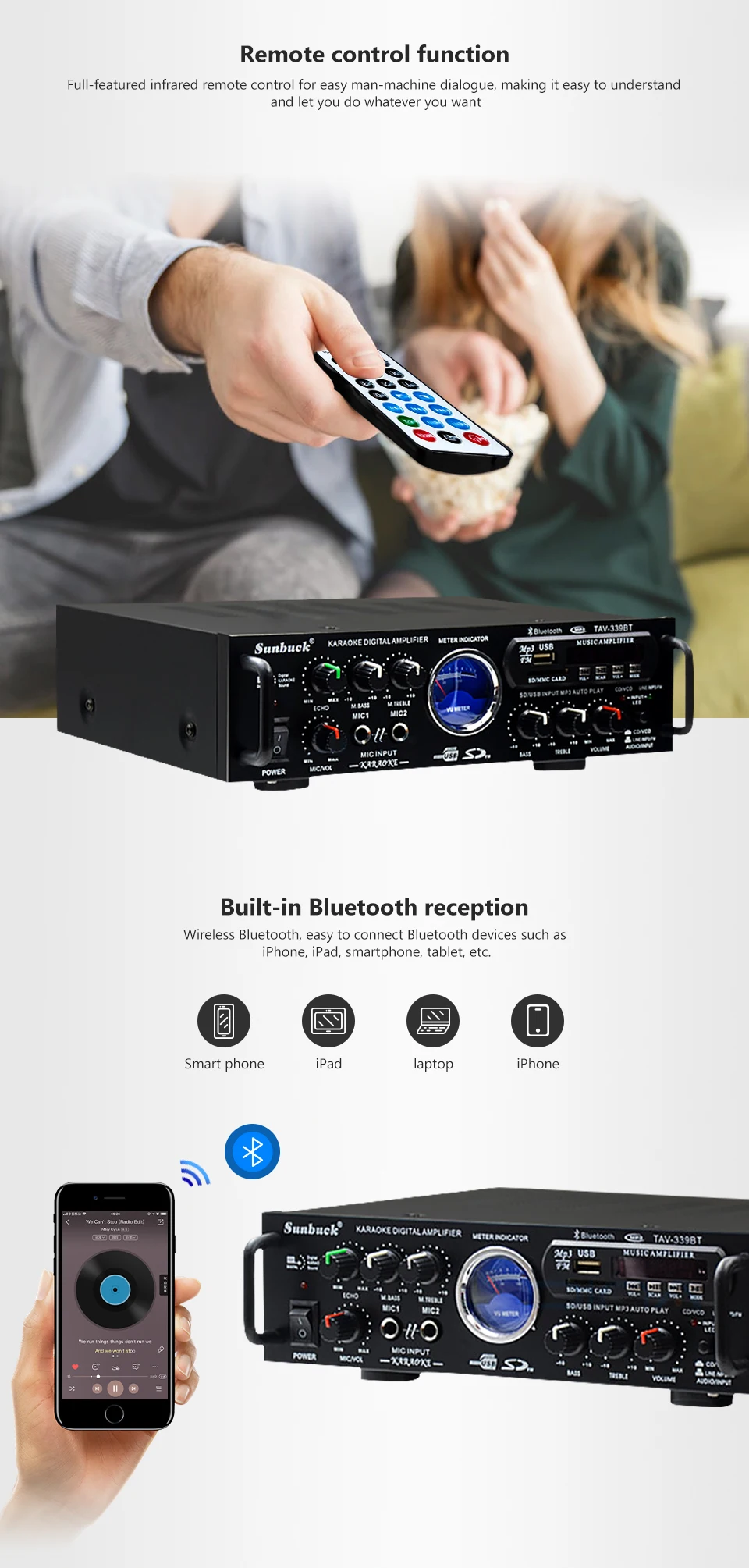Amplificador Bluetooth AV усилитель мощности аудио доска стерео домашний Звук Усилители с микрофоном USB SD FM профессиональный автомобильный усилитель