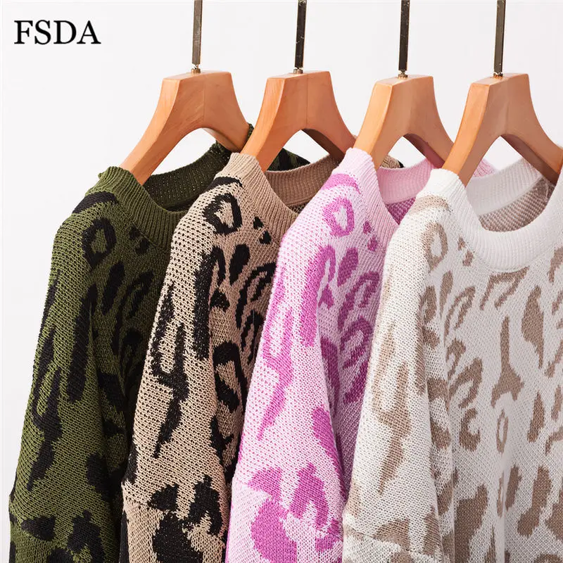 FSDA O Neck Long Sleeve Leopard Sweater Knitted Winter Spring Oversized Casual Green Pink Office Women Pullovers | Женская одежда