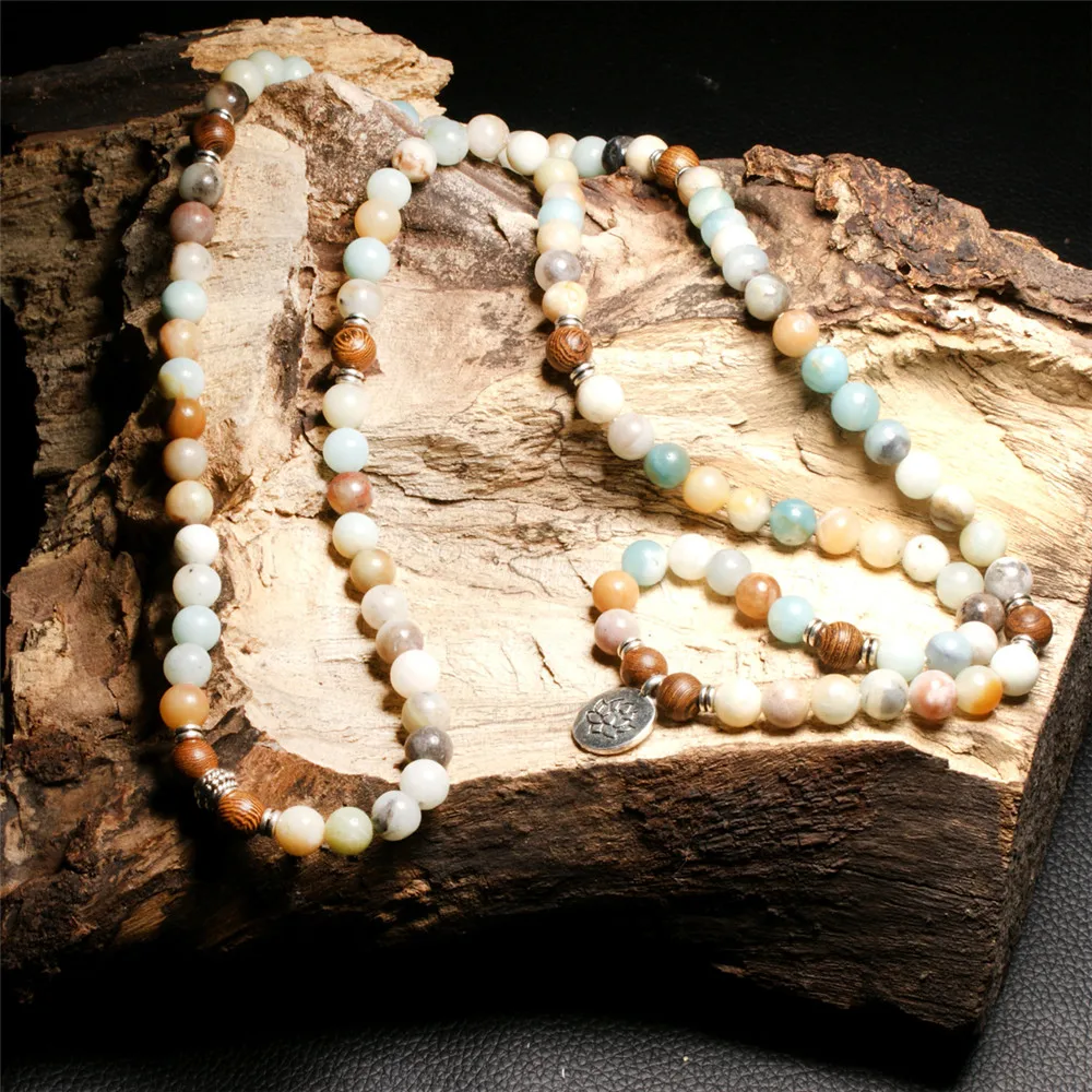 New Design Yoga Lotus Pendant Bracelet Natural Amazonite with Wood Beads 108 Mala Trendy Men and Women's Bracelets or Necklaces |