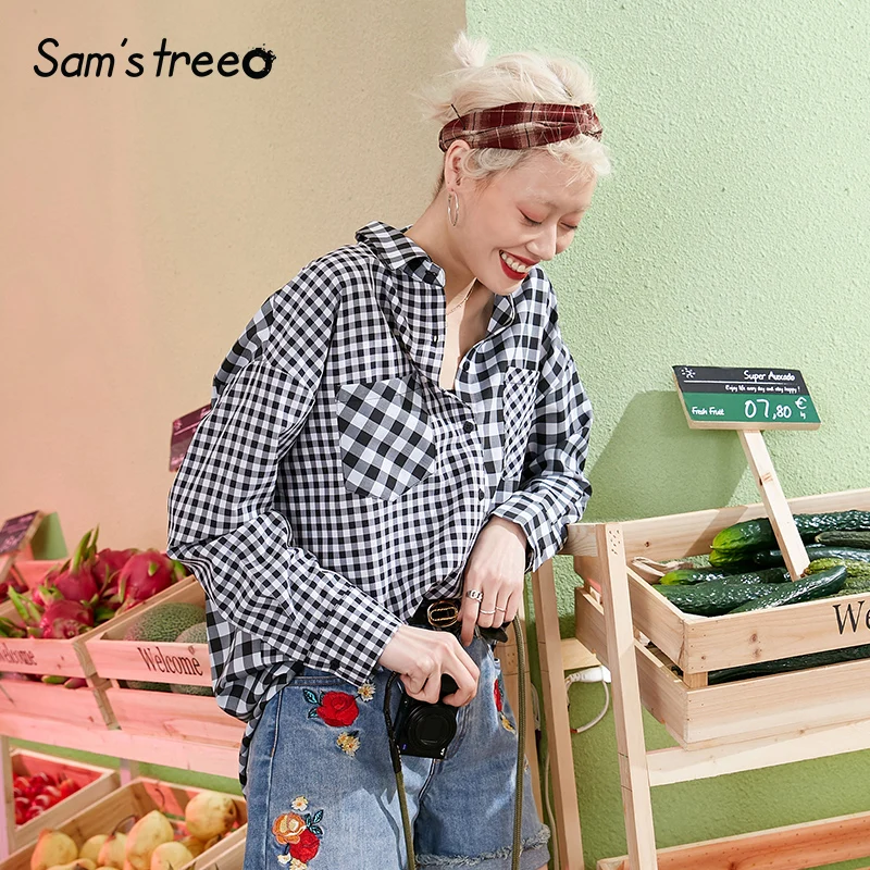 Samstree, Женская клетчатая блузка, длинный рукав, хлопок, размера плюс, блузка для работы, женская, вышивка, Ретро стиль, рубашки, карман, для молодых девушек, топы