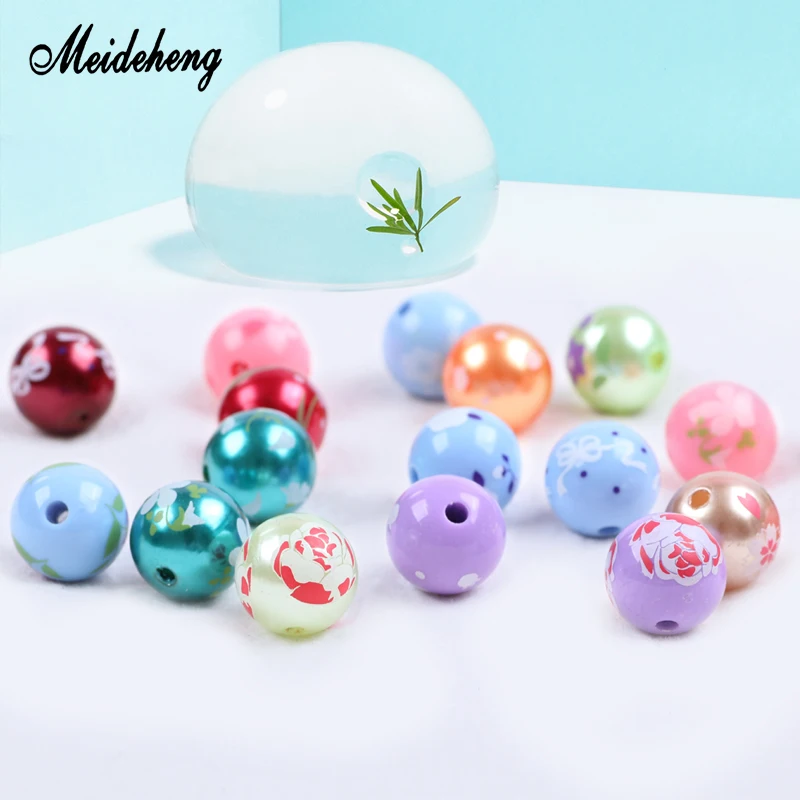 

Acrylic/ABS Round Beads Imitation Pearl Printing Flower Beads For Jewelry Making Necklace Bracelets Women Materials Meideheng