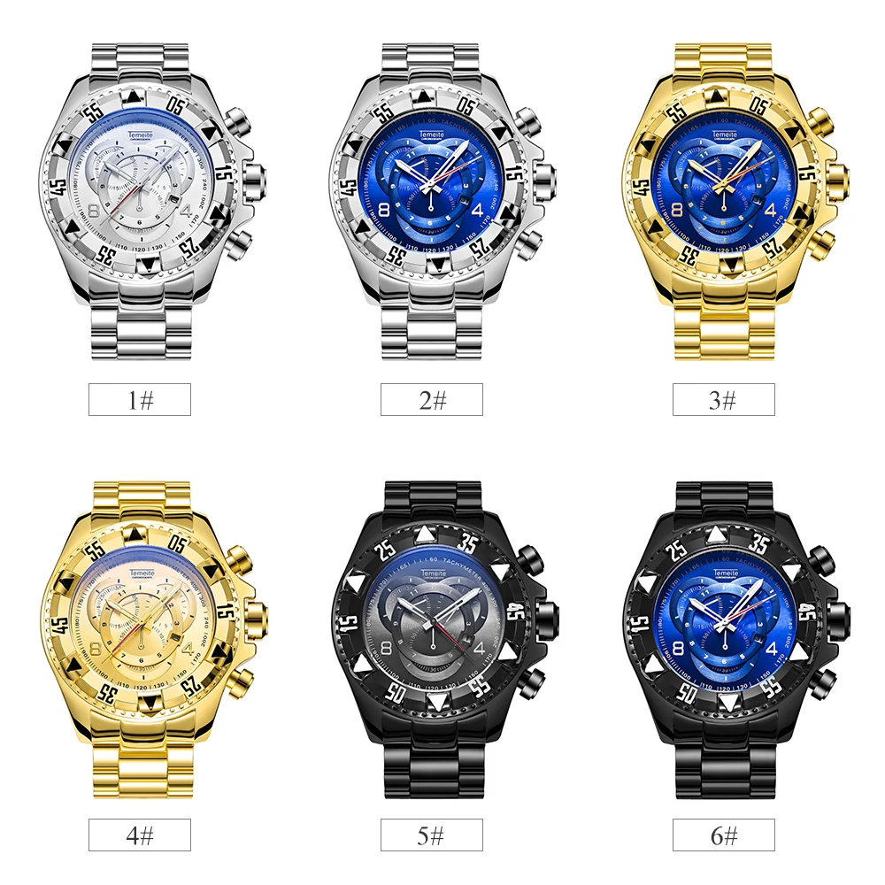 Temeite Men's Watches Fashion Sports Watches Luxury Big Dial Quartz Watch Clock Alloy Band Calendar Luminous Wristwatches