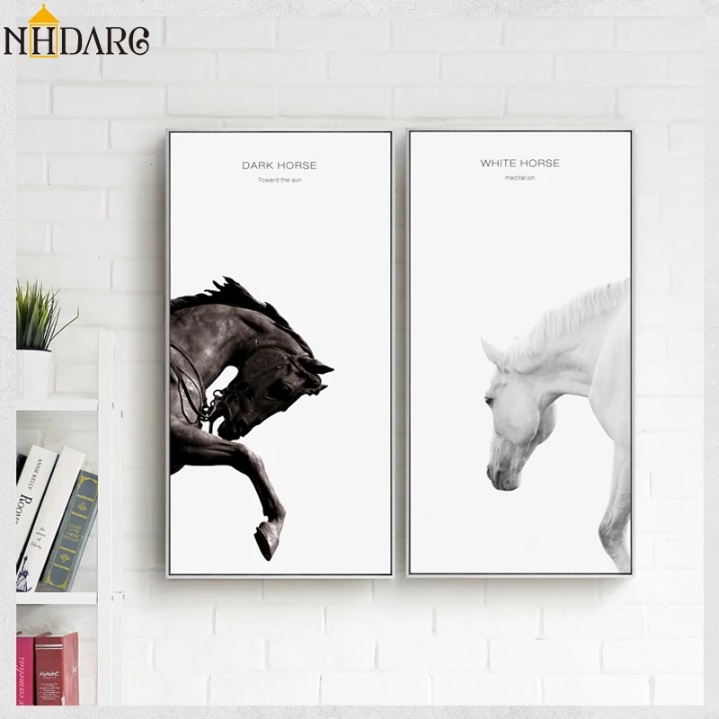 

Animal Dark Horse White Horse Vertical Rectangle Canvas Print Painting Poster Art Wall Pictures for Living Room Home Decor