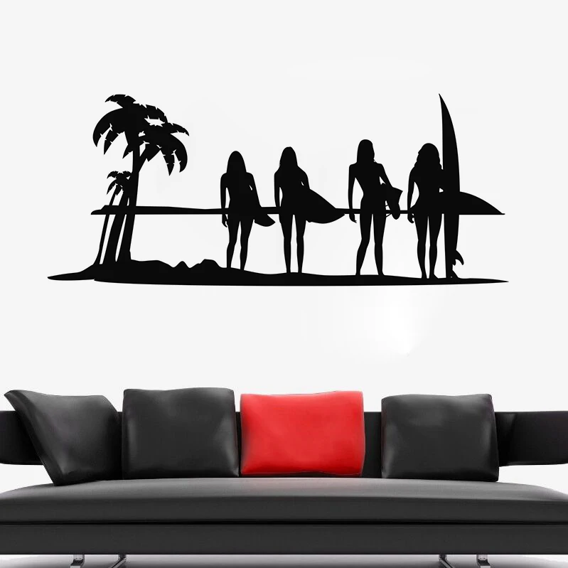 

SunSet Ocean Surf Girls Wall Decal Surfing Wave Wall Sticker Sea Beach Decoration Summer Wall Decal for Surfers Vinyl Art AY1060