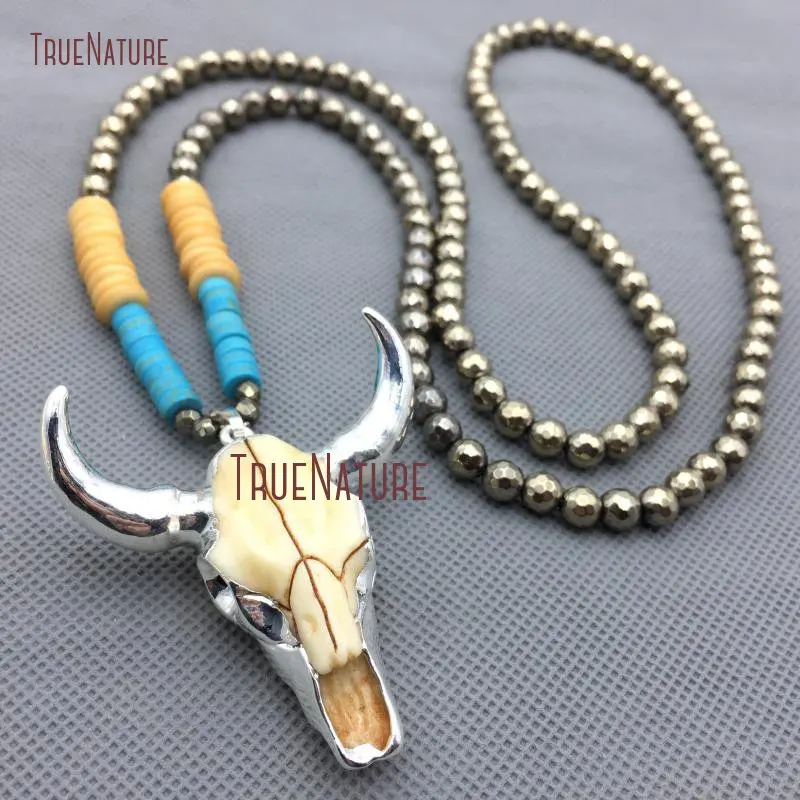 Ожерелье мужское из смолы с голубыми и желтыми разделителями пиритовыми