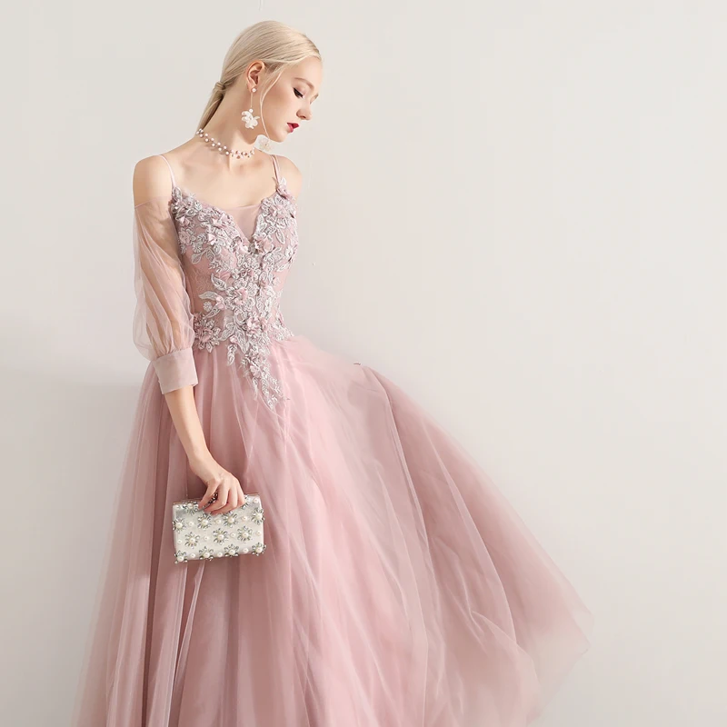 SSYFashion Новое Кружевное Вечернее Платье милое темно розовое 3/4 рукав длиной до пола