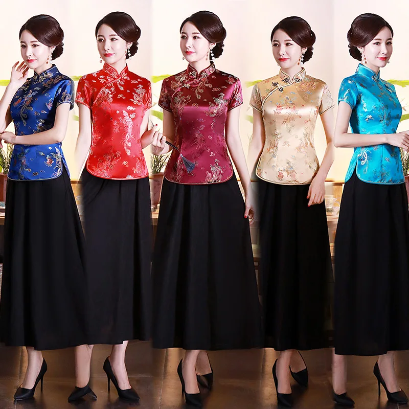 

Chinese Mandarin Summer Tops Women Silk T-shirts Prom Costume S-4XL