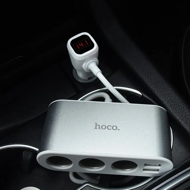 HOCO Z13 Dual USB 2.1A автомобильное зарядное устройство для телефона, 3 розетки, прикуриватель, светодиодный, цифровой дисплей, адаптер для быстрой зарядки, разветвитель
