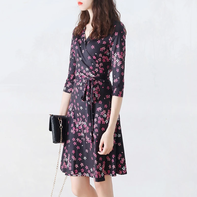 Женское винтажное платье до колена с v образным вырезом рукавом три четверти и