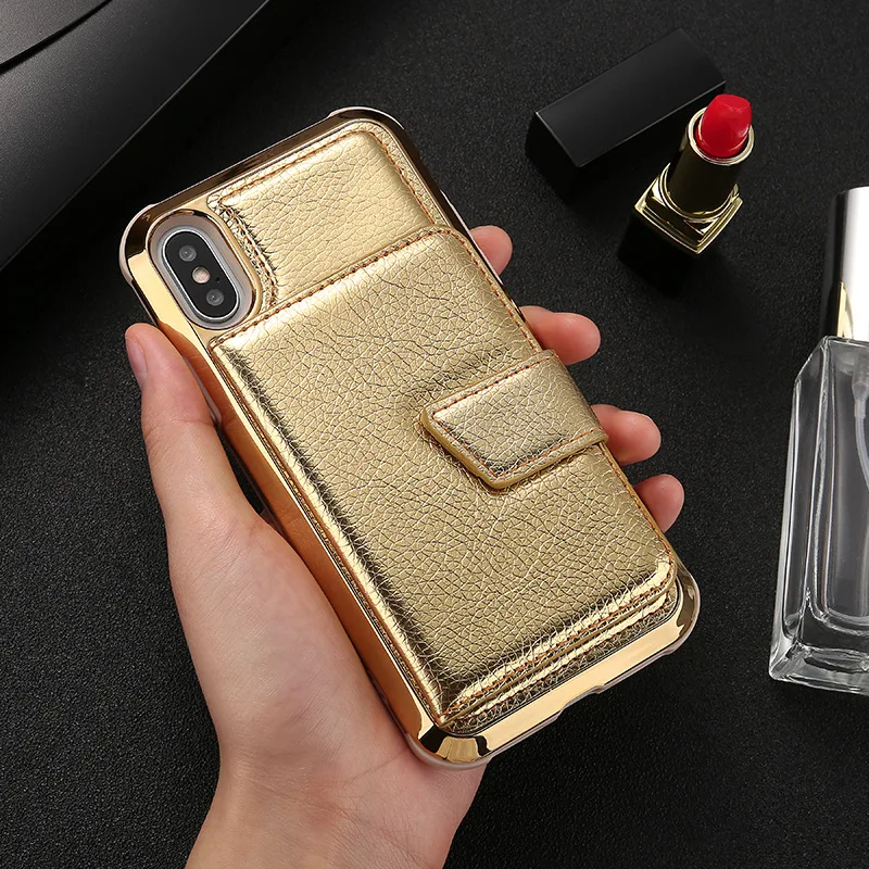 Чехол для iPhone X XS Max XR 6s 7 8 Plus, WEFOR Премиум PU кожаный чехол-кошелек с косметическим зеркалом, слоты для карт для iPhone XS Max - Цвет: Gold