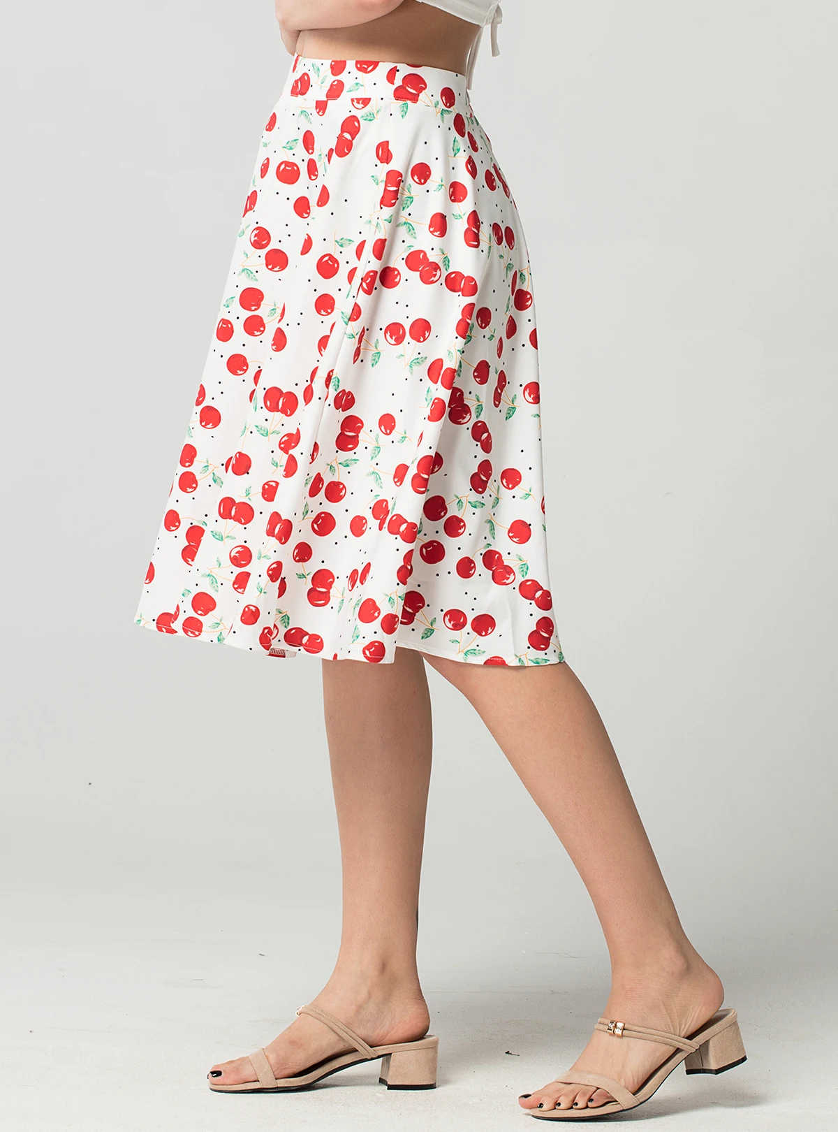 Summer Women Casual High Quality Sweet Skirt Fashion Cherry Print Streetwear Knee-Length Vintage Pleated Skirt FICUSRONG