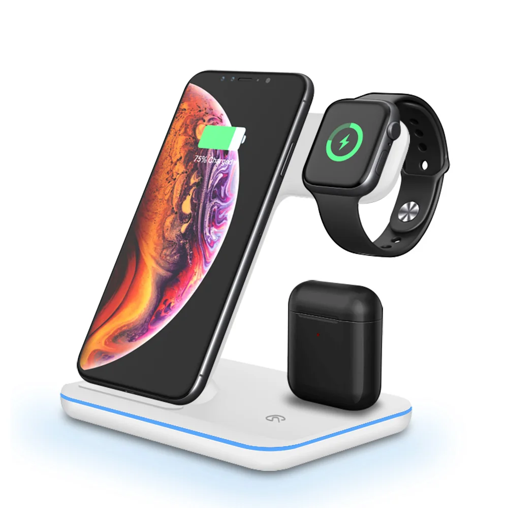 White FDGAO 3 в 1 15 Вт Быстрое беспроводное зарядное устройство Подставка для Apple Watch iWatch 5 4 3 AirPods 10 Вт Qi для iPhone 11 X XS XR 8 samsung S10 S9 - Тип штекера: White