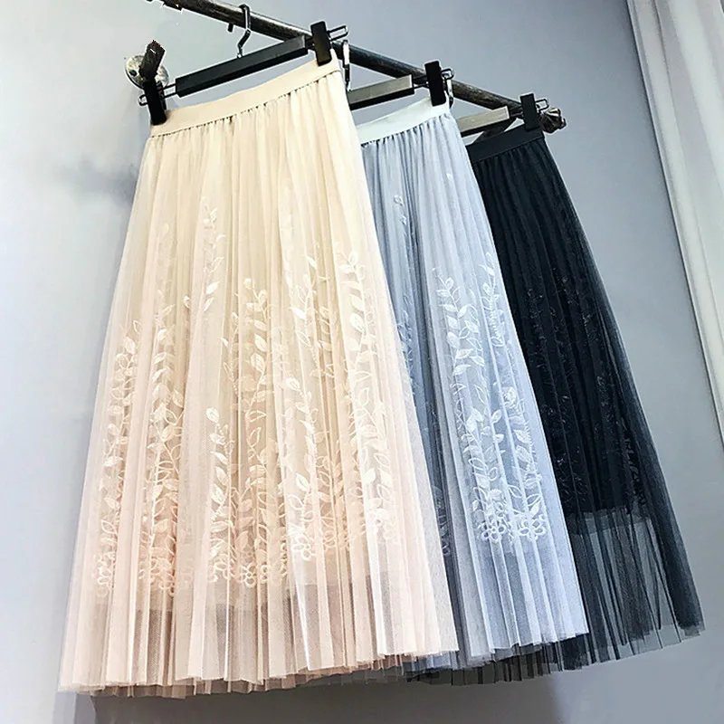 HXJJP Elegant Tulle Pleated Skirt Women Long Summer Floral Embroidery A-line Tutu Lace Mesh Midi | Женская одежда