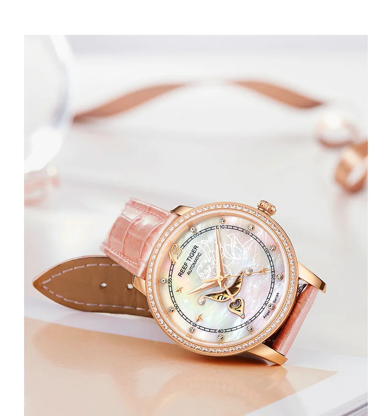 Reef Tiger/RT дизайнерские модные женские часы Reloj Mujer MOP Dial бриллианты Автоматическая телячья кожа водонепроницаемые часы RGA1550