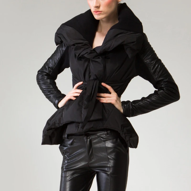 Белая Утка Вниз Зима Короткая Куртка Женщин Большой Лацкан Кружева вверх Луч